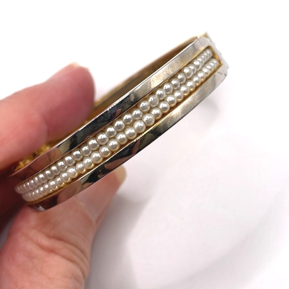 Gold Tone Faux Pearl Channel Hinged Clamper Bracelet SMALL - Picture 3 of 10